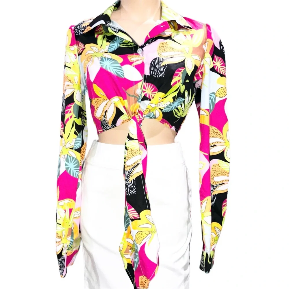Metamorphosis Girl Tropical Floral Crop Top Blouse Long Sleeve Button Up Sz M